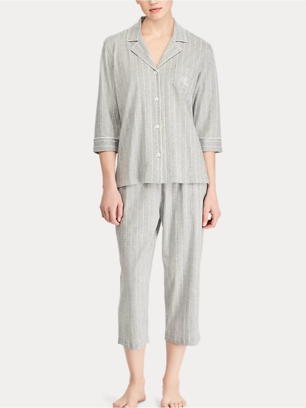 Lauren Ralph Lauren Gray 100% Cotton Striped Logo Capri Pajama Set Large